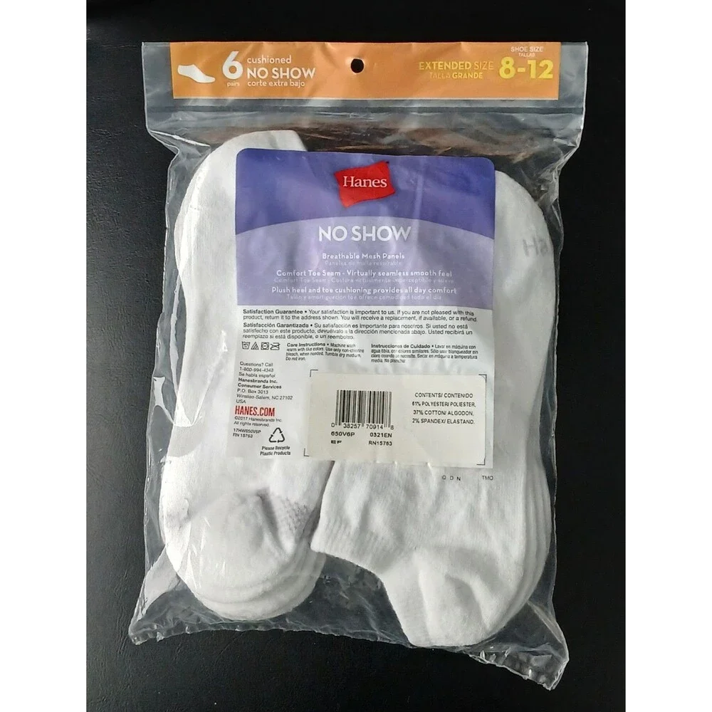Hanes Women Cool Comfort Breathable No Show Socks 6 Pack. Heel & Toe. Size 8-12